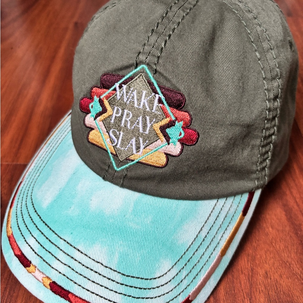 Olive and Aqua Embroidered Cap